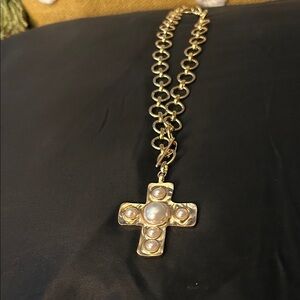 Elegant Gold and Pearl Cross Necklace